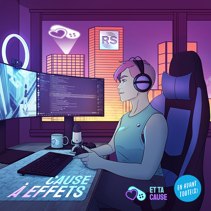 Vinyle cover in fullcolor featuring a non-binary steamer playing a video game, for the Cause à Effets music album by Resonances for Et ta Cause 2022